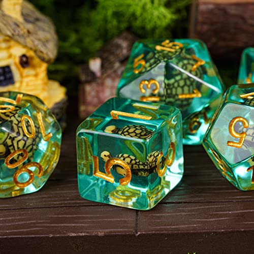 Cusdie Brown Turtle DND Dice Set – 7 Polyhedral Dice with Animal Inside