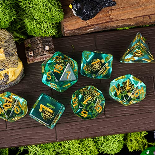 Cusdie Brown Turtle DND Dice Set – 7 Polyhedral Dice with Animal Inside