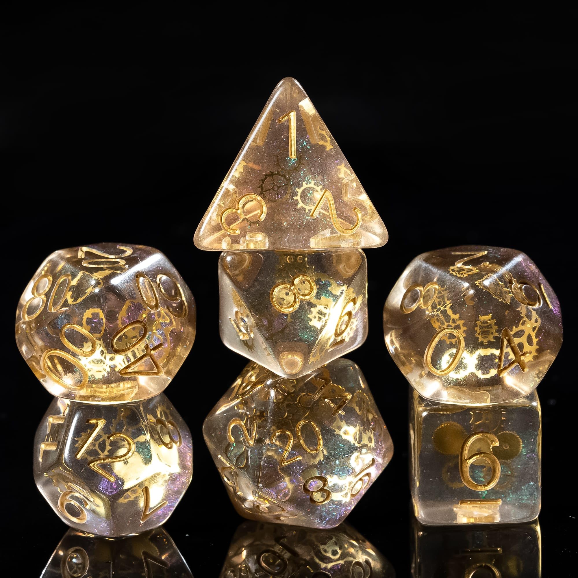 Cusdie DND Dice Set with Golden Gears – Galaxy Resin Polyhedral Dice for Tabletop Games