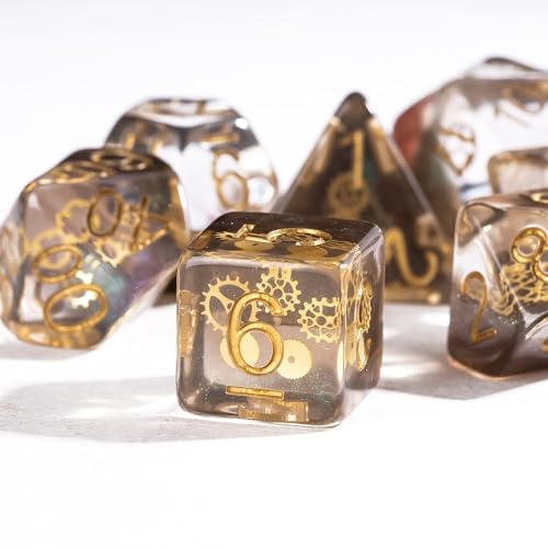 Cusdie DND Dice Set with Golden Gears – Galaxy Resin Polyhedral Dice for Tabletop Games