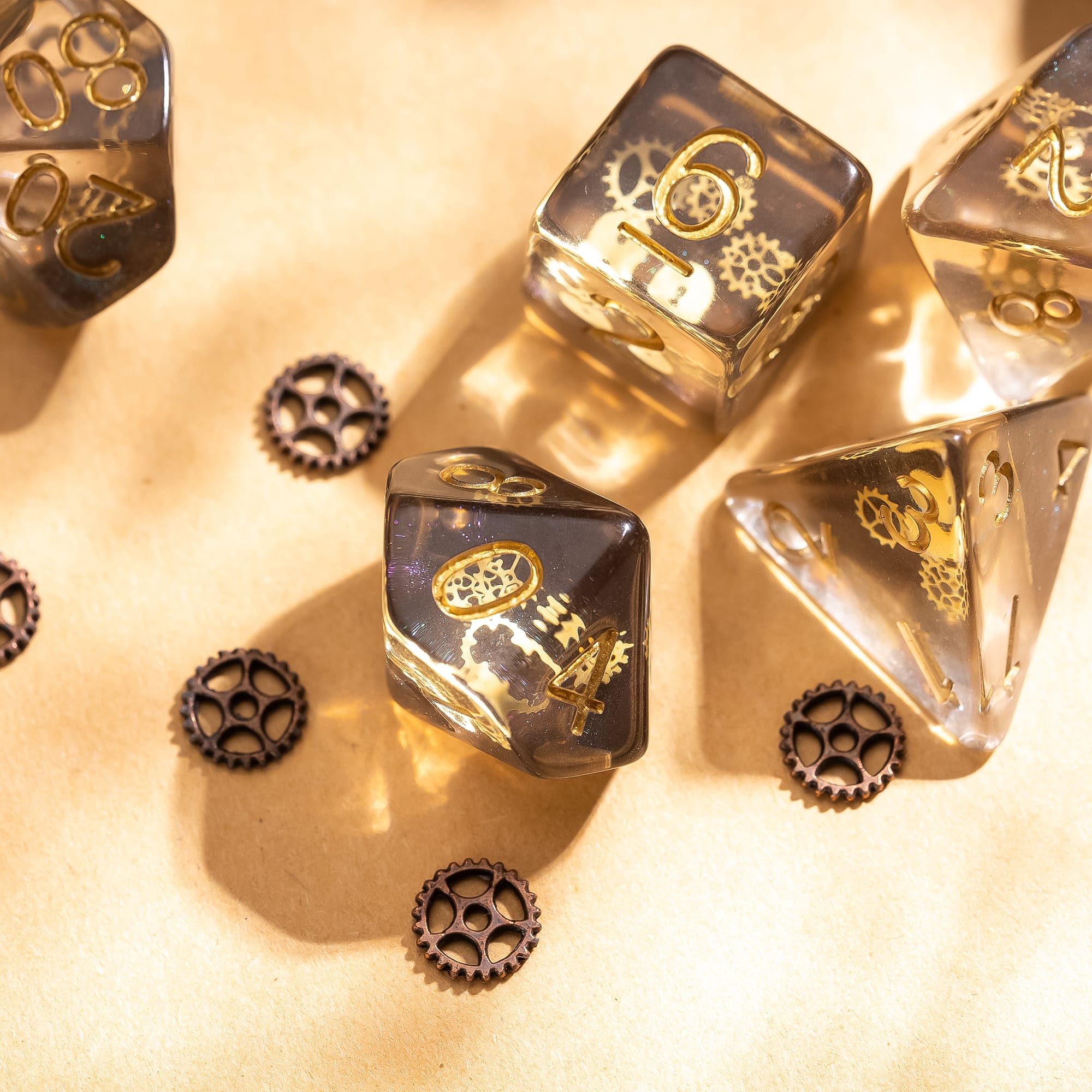 Cusdie DND Dice Set with Golden Gears – Galaxy Resin Polyhedral Dice for Tabletop Games