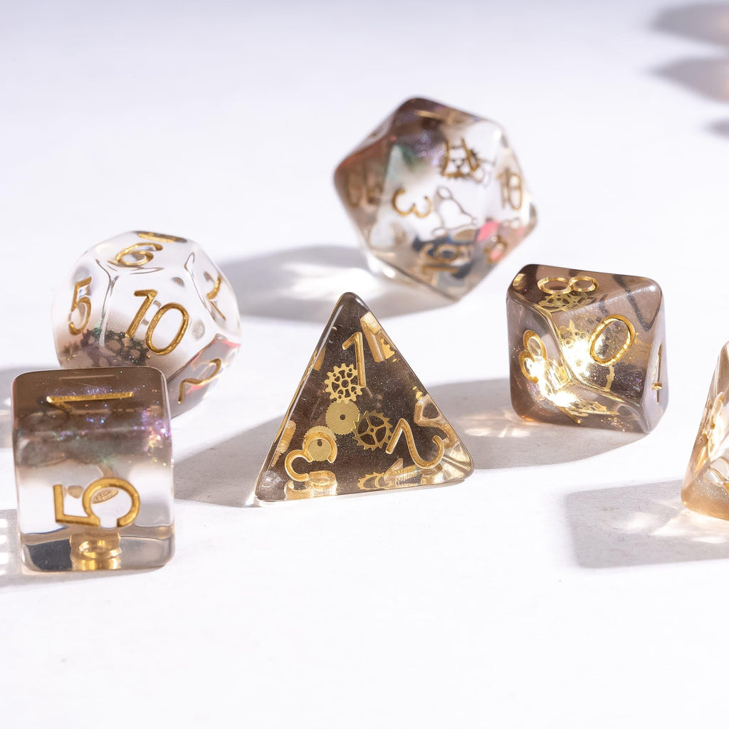 Cusdie DND Dice Set with Golden Gears – Galaxy Resin Polyhedral Dice for Tabletop Games