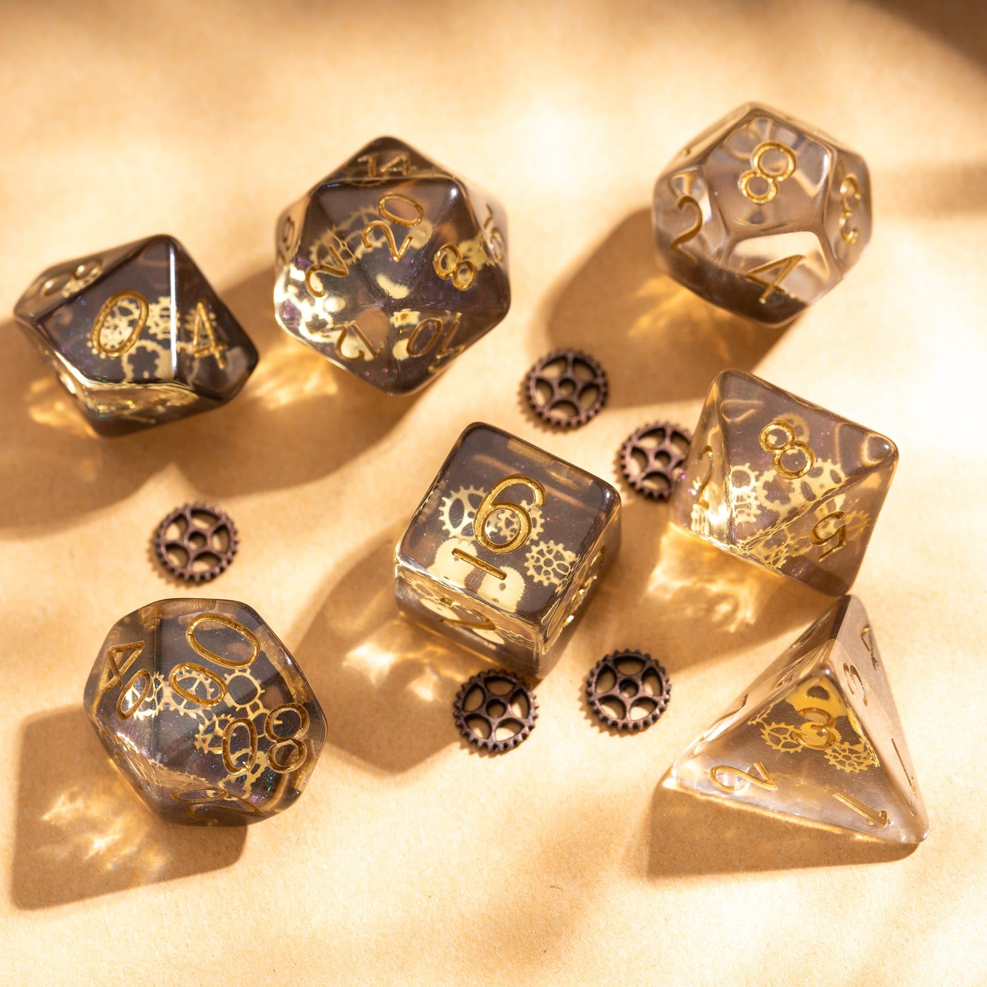 Cusdie DND Dice Set with Golden Gears – Galaxy Resin Polyhedral Dice for Tabletop Games