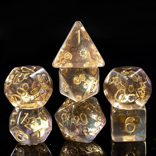 Cusdie DND Dice Set with Golden Gears – Galaxy Resin Polyhedral Dice for Tabletop Games