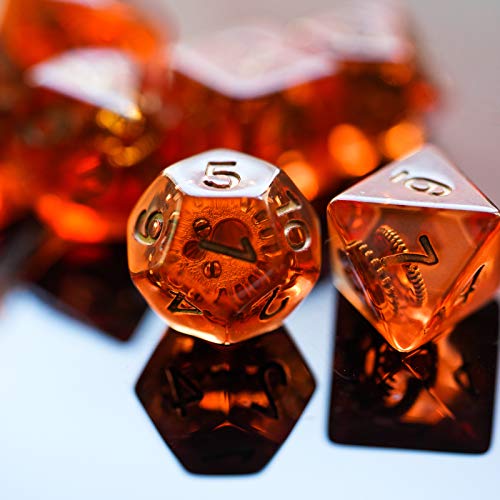 Cusdie DND Dice Set with Red Copper Gears – Polyhedral Resin Dice for Tabletop RPGs