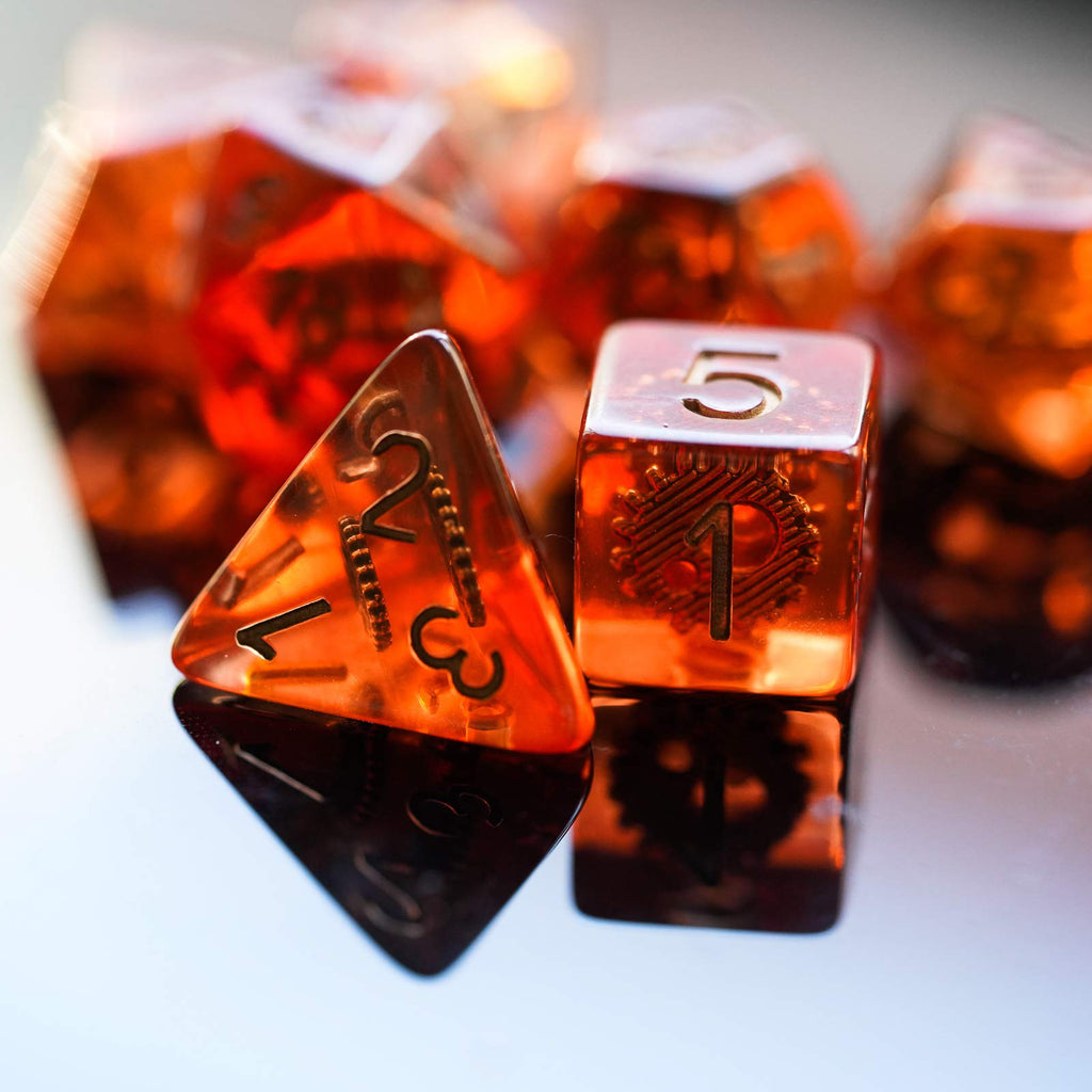 Cusdie DND Dice Set with Red Copper Gears – Polyhedral Resin Dice for Tabletop RPGs