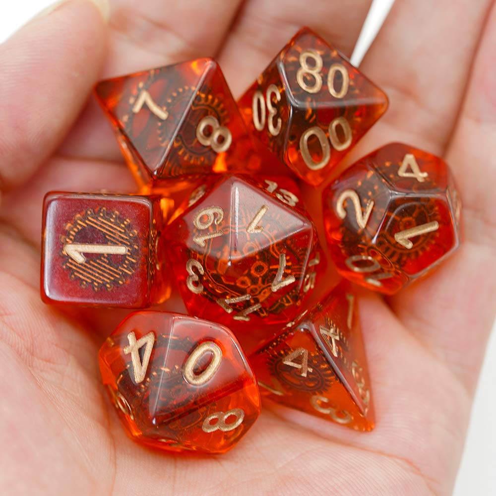 Cusdie DND Dice Set with Red Copper Gears – Polyhedral Resin Dice for Tabletop RPGs