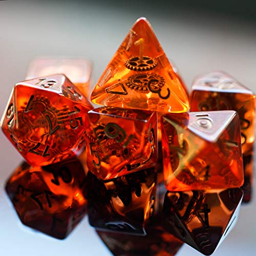 Cusdie DND Dice Set with Red Copper Gears – Polyhedral Resin Dice for Tabletop RPGs
