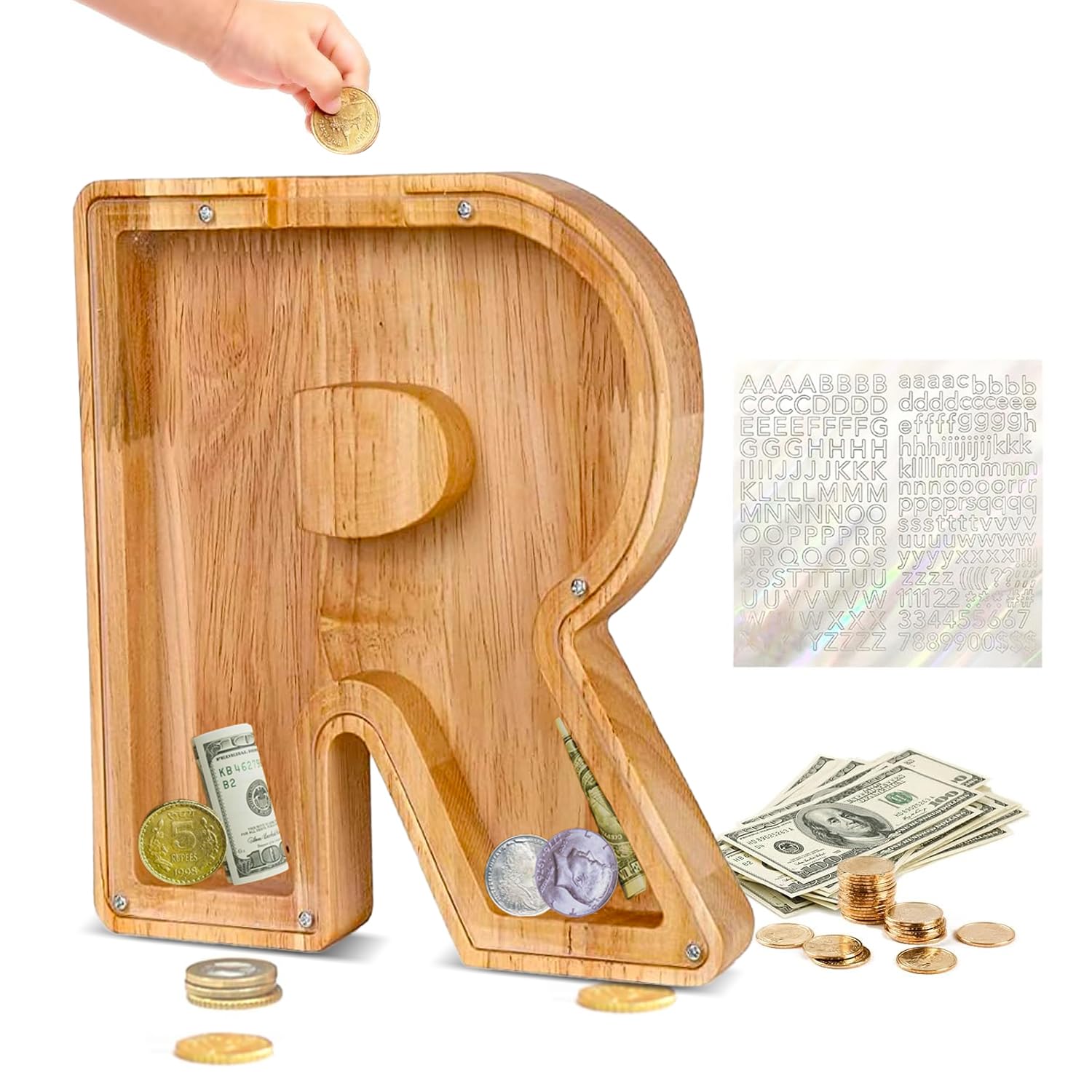Custom Wooden Piggy Bank with 26 Letter Stickers – DIY Personalized Coin Jar for Kids and Gifts