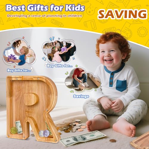 Custom Wooden Piggy Bank with 26 Letter Stickers – DIY Personalized Coin Jar for Kids and Gifts
