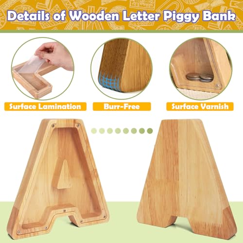 Custom Wooden Piggy Bank with 26 Letter Stickers – DIY Personalized Coin Jar for Kids and Gifts