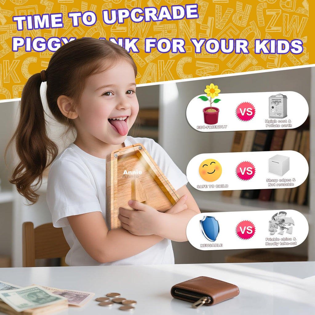 Custom Wooden Piggy Bank with 26 Letter Stickers – DIY Personalized Coin Jar for Kids and Gifts