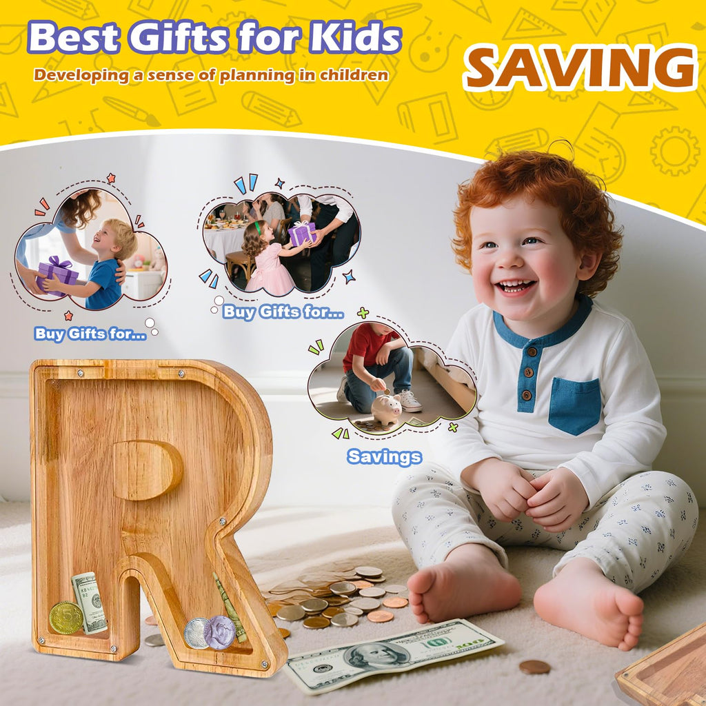 Custom Wooden Piggy Bank with 26 Letter Stickers – DIY Personalized Coin Jar for Kids and Gifts