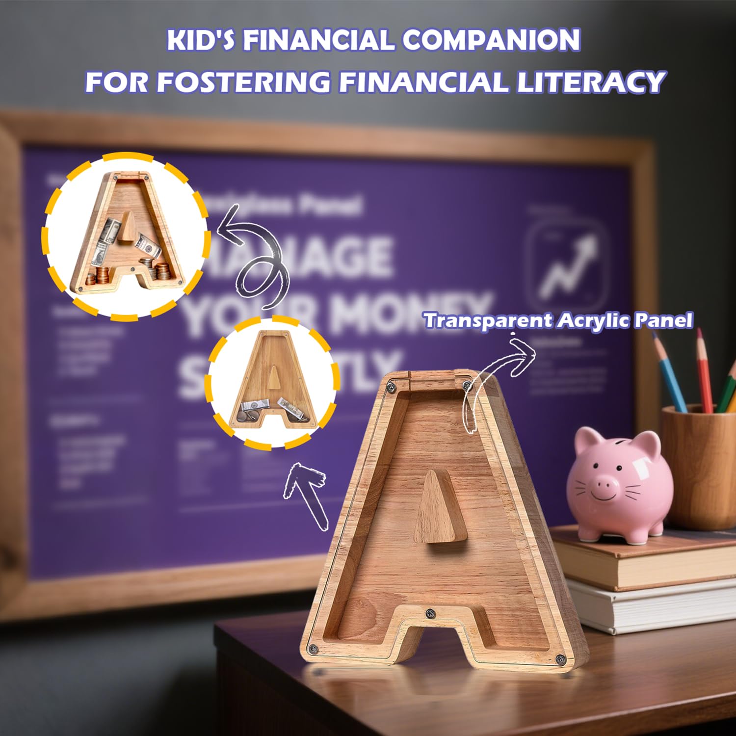 Custom Wooden Piggy Bank with 26 Letter Stickers – DIY Personalized Coin Jar for Kids and Gifts