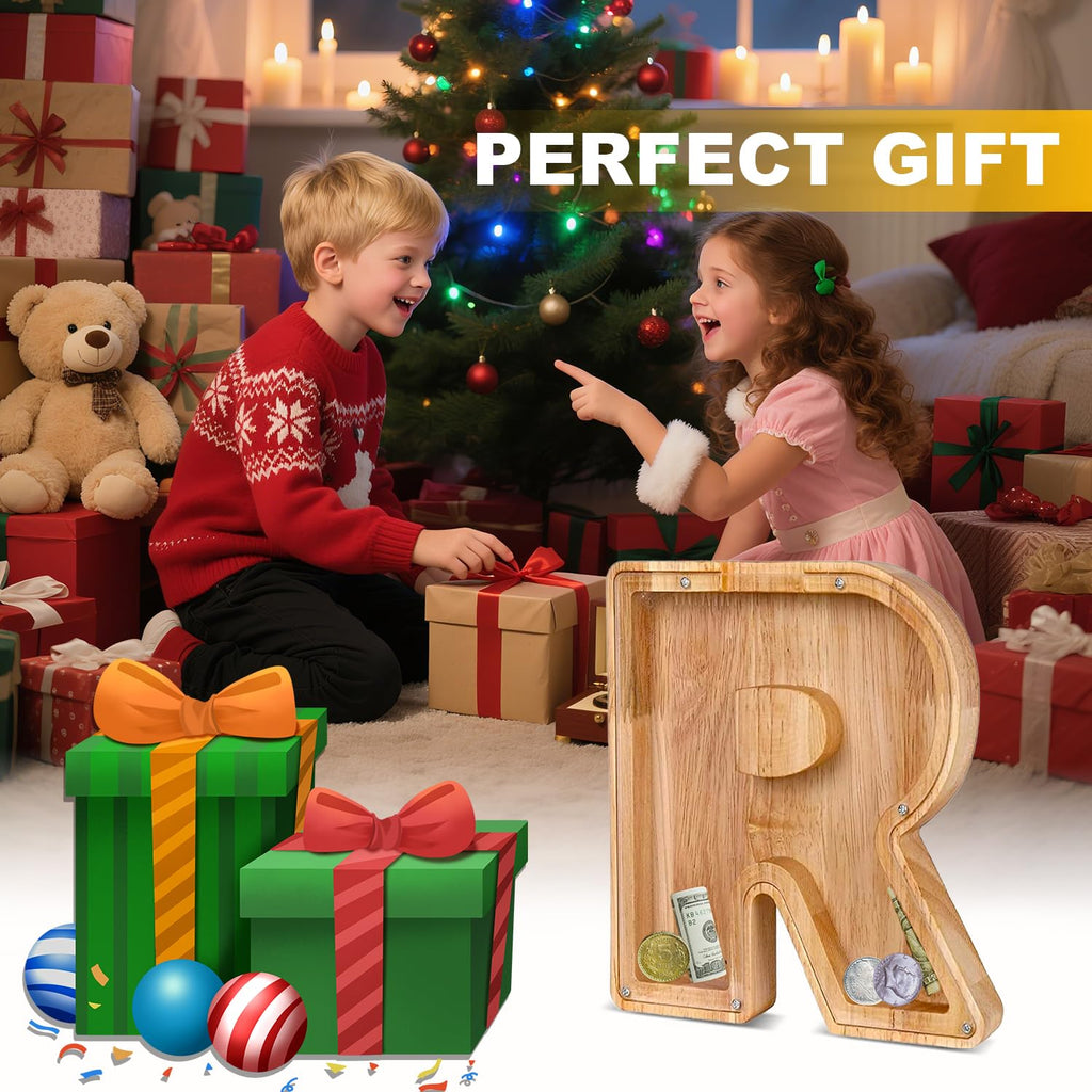Custom Wooden Piggy Bank with 26 Letter Stickers – DIY Personalized Coin Jar for Kids and Gifts