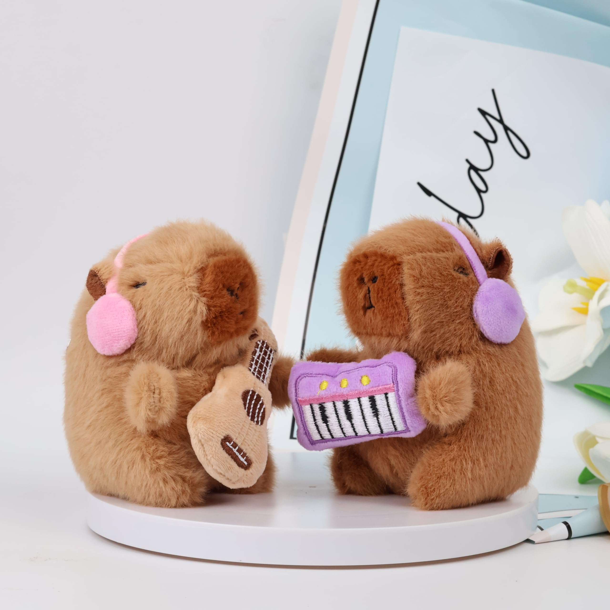 Cute Capybara and Bunny Plush Keychain Set - 2 Pcs Fluffy Ball Bag Charms