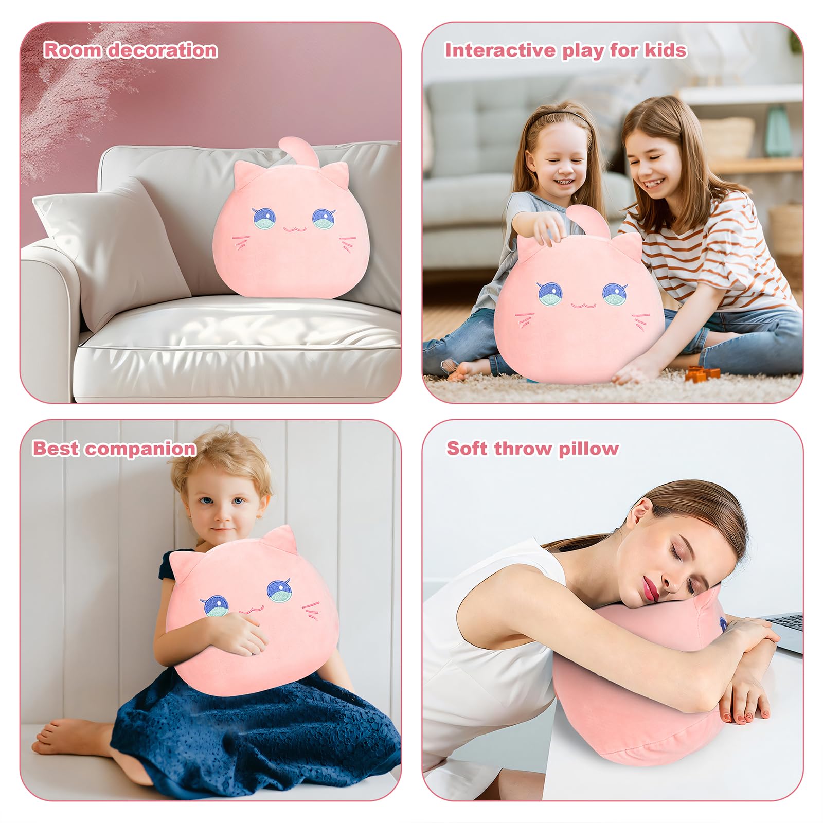 Cute Cat Plush Pillow – Pink 3D Stuffed Animal Toy by AUTOKAKUM