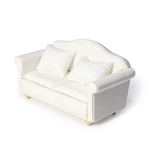 Cutemini 1:12 Scale Dollhouse Miniature Sofa with Pillows – White Upholstered Armchair for Living Room Scene Decoration (3-Piece Set)