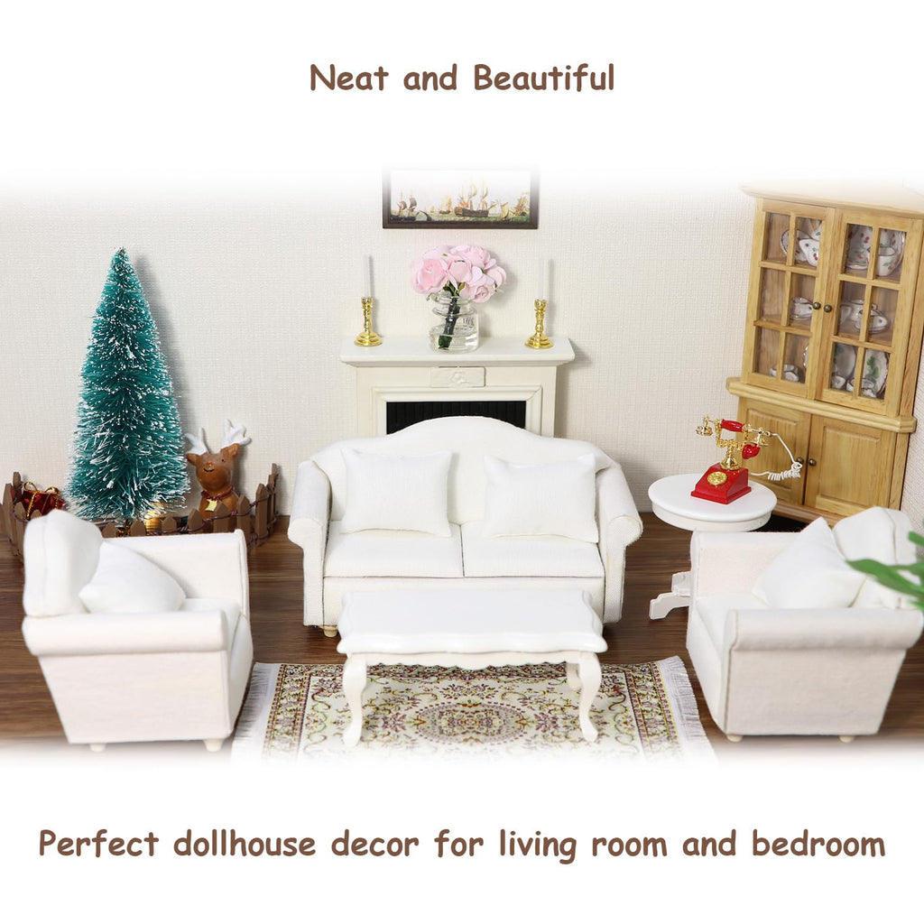 Cutemini 1:12 Scale Dollhouse Miniature Sofa with Pillows – White Upholstered Armchair for Living Room Scene Decoration (3-Piece Set)