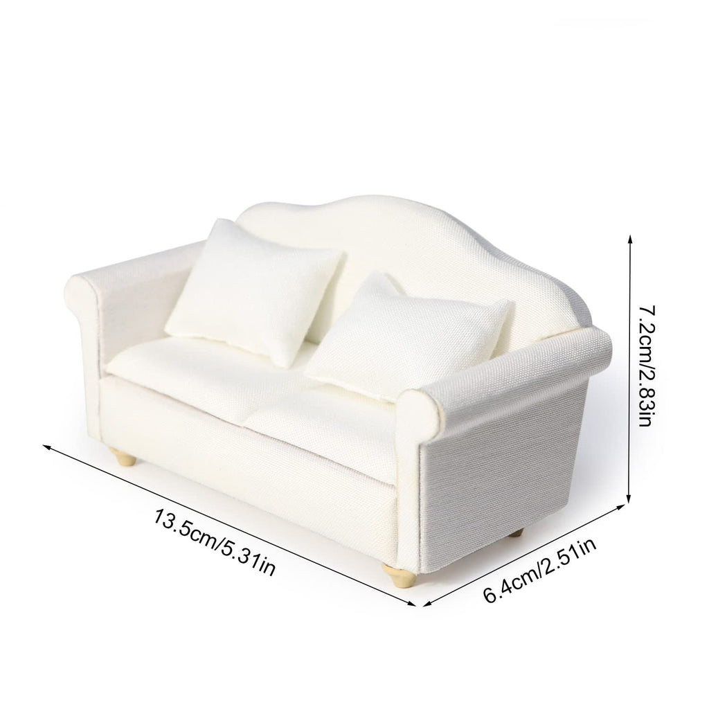 Cutemini 1:12 Scale Dollhouse Miniature Sofa with Pillows – White Upholstered Armchair for Living Room Scene Decoration (3-Piece Set)