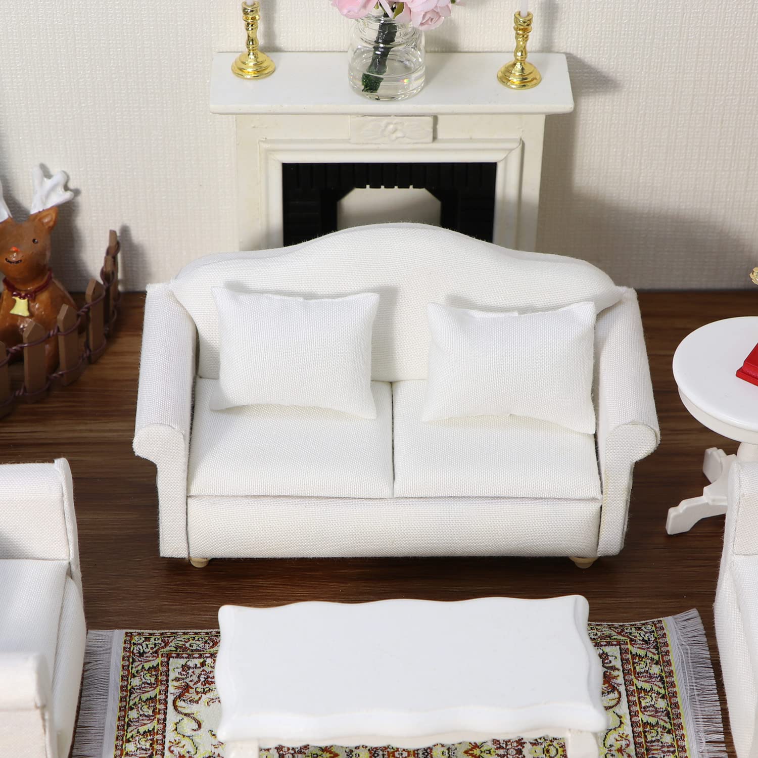 Cutemini 1:12 Scale Dollhouse Miniature Sofa with Pillows – White Upholstered Armchair for Living Room Scene Decoration (3-Piece Set)
