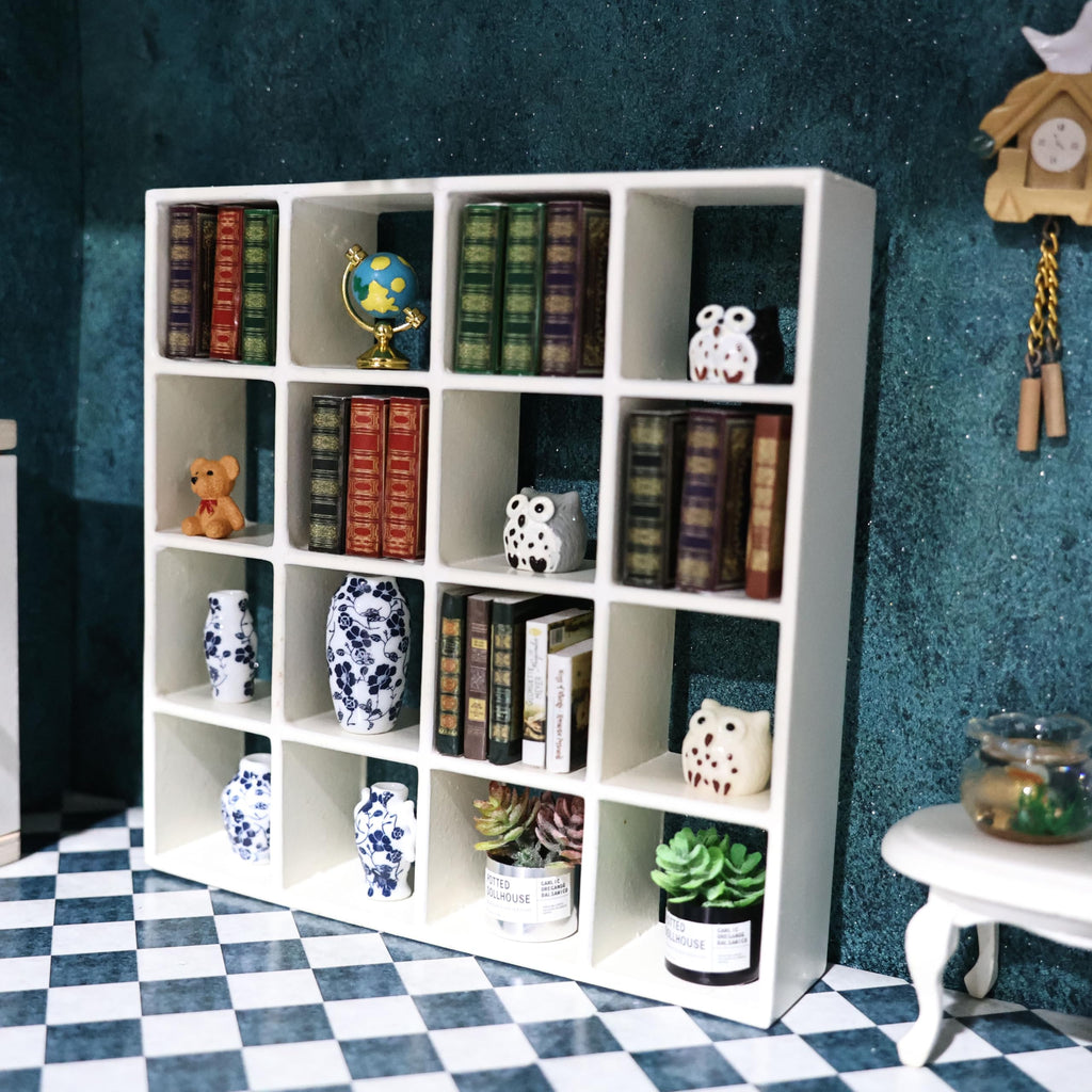 Cutemini 16-Grid Miniature Storage Rack for 1:12 Dollhouse - White Wood Shelf