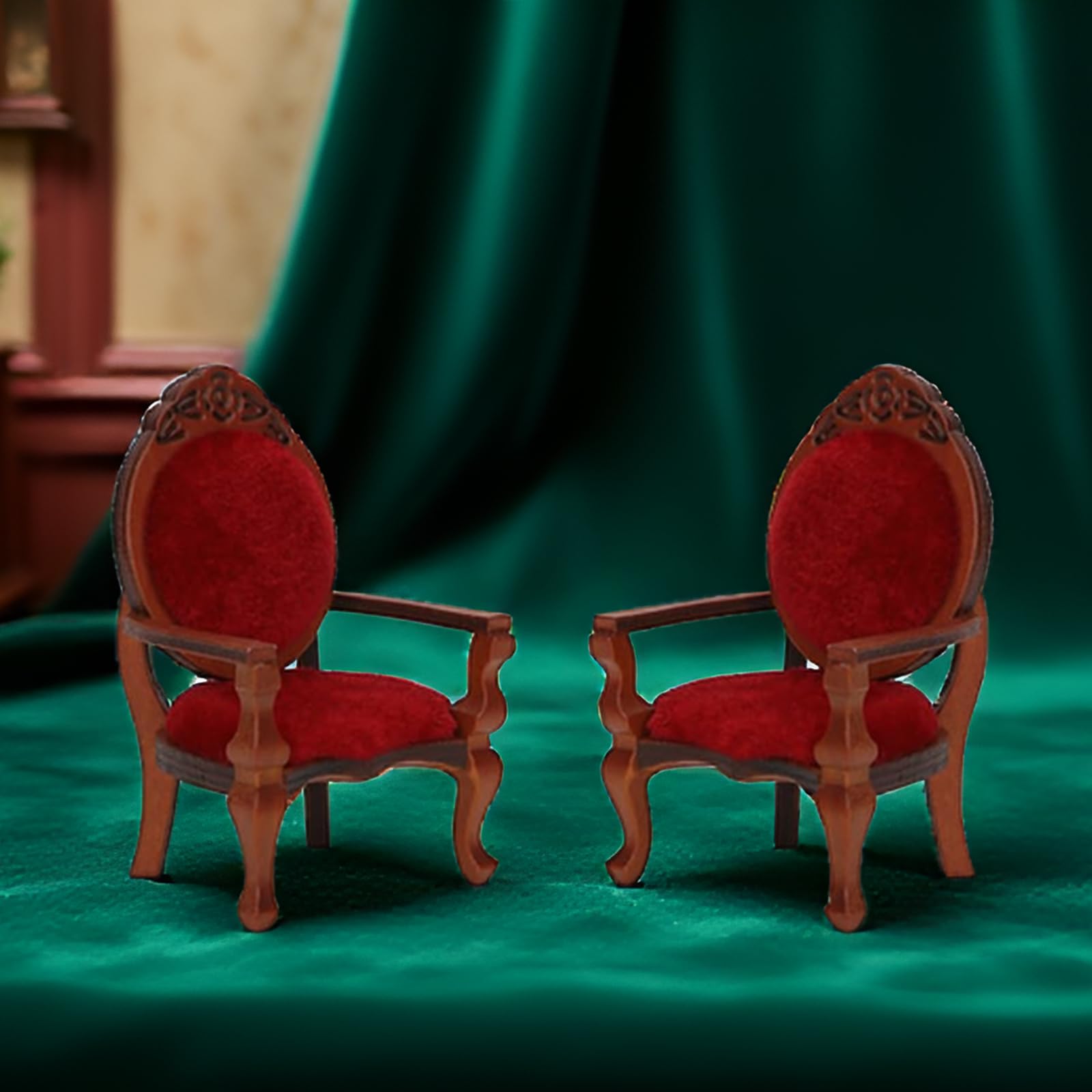 Cutemini 2-Pack Victorian Miniature Armchairs - 1:12 Scale Dollhouse Furniture, Wooden Carved Chairs