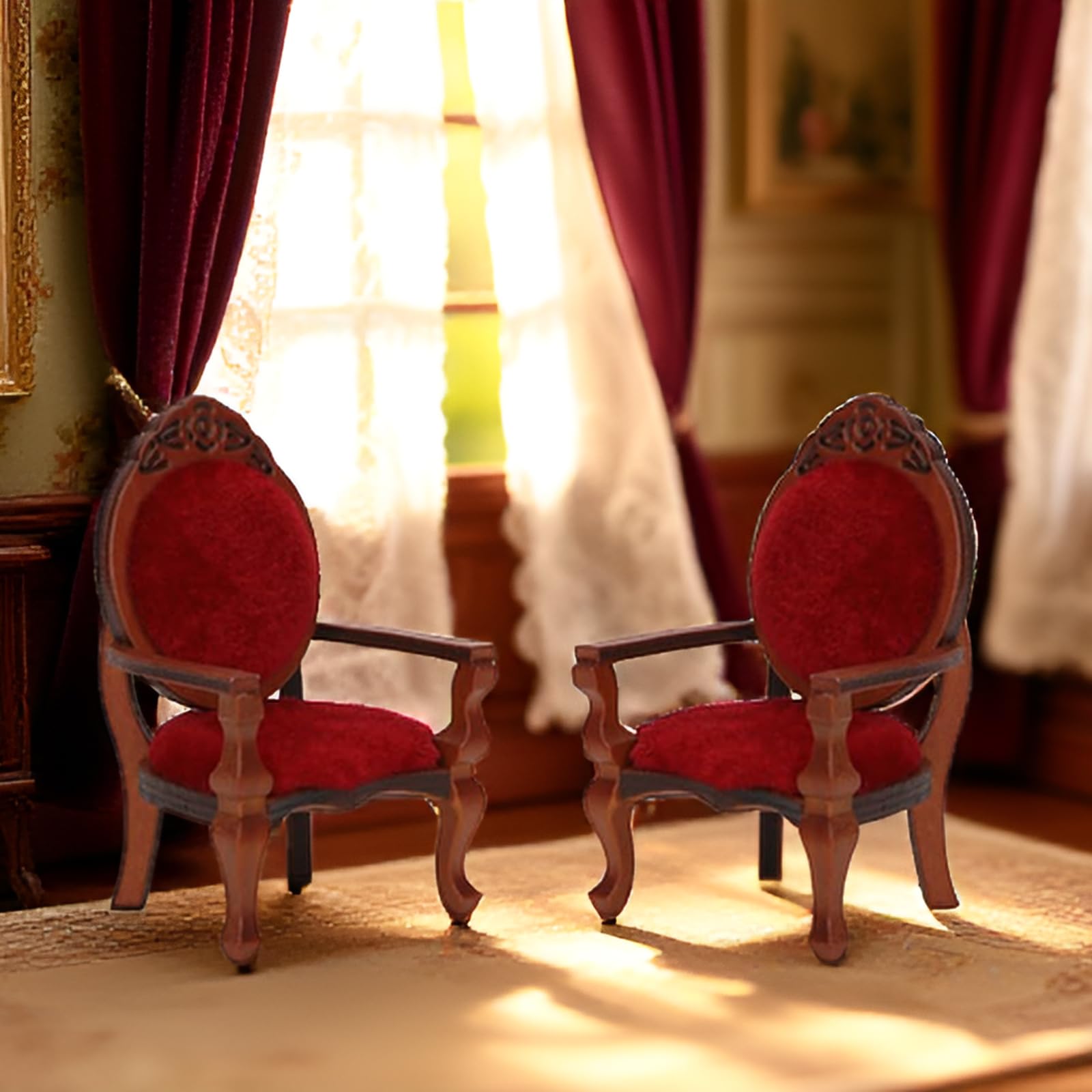 Cutemini 2-Pack Victorian Miniature Armchairs - 1:12 Scale Dollhouse Furniture, Wooden Carved Chairs