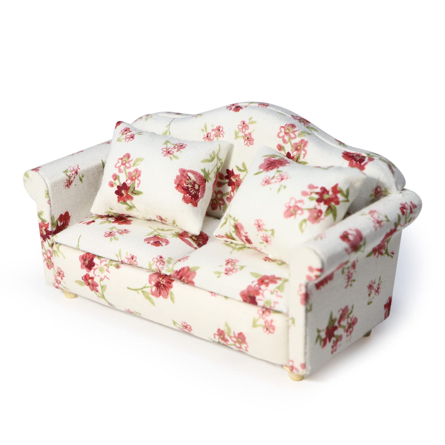 Cutemini Dollhouse Miniature Sofa with Pillows 1:12 Scale White Floral Upholstered Double Couch for Living Room Scene