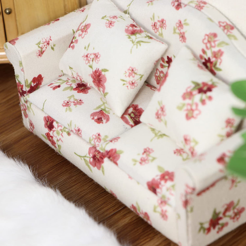 Cutemini Dollhouse Miniature Sofa with Pillows 1:12 Scale White Floral Upholstered Double Couch for Living Room Scene