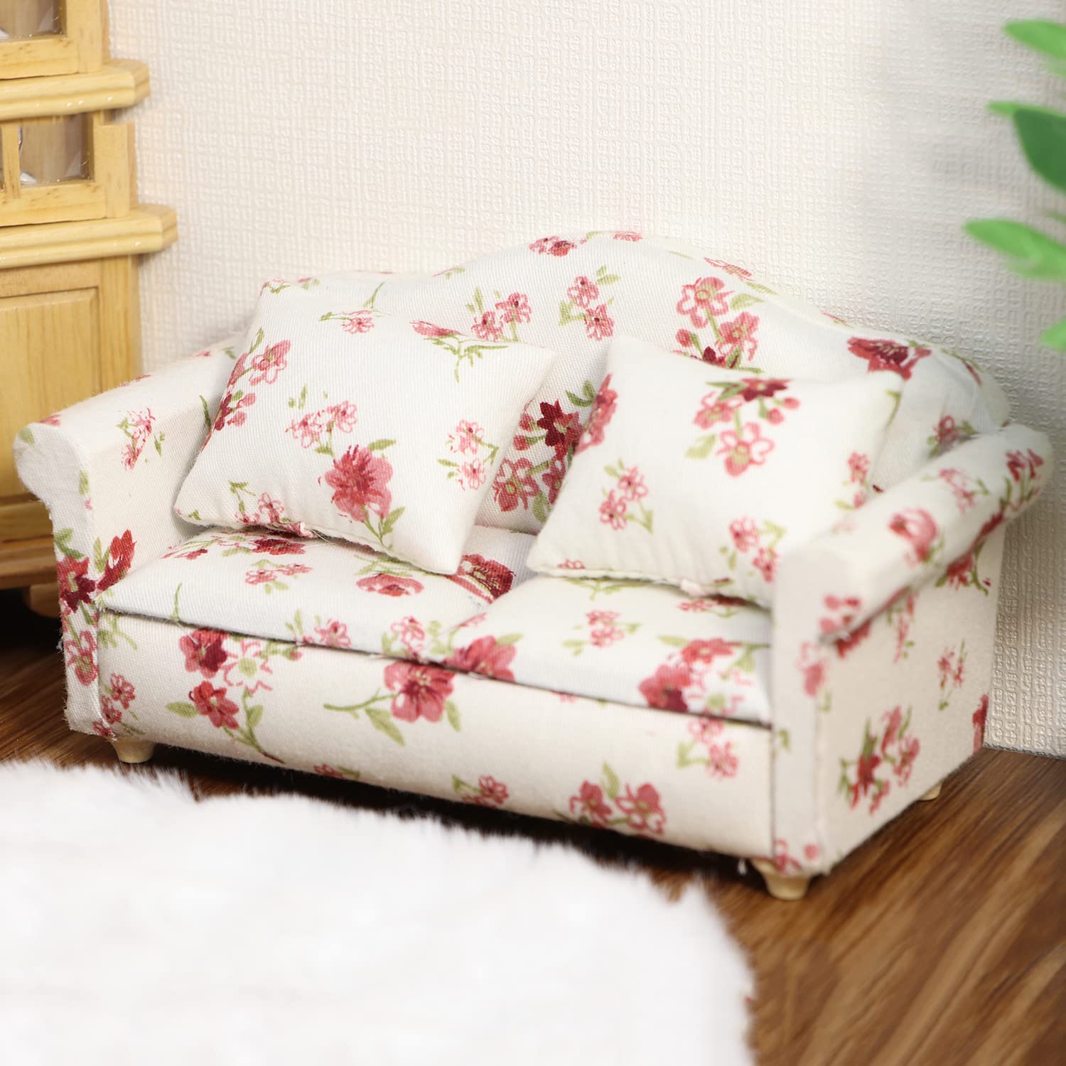 Cutemini Dollhouse Miniature Sofa with Pillows 1:12 Scale White Floral Upholstered Double Couch for Living Room Scene