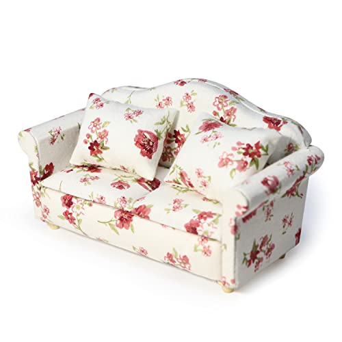 Cutemini Dollhouse Miniature Sofa with Pillows 1:12 Scale White Floral Upholstered Double Couch for Living Room Scene