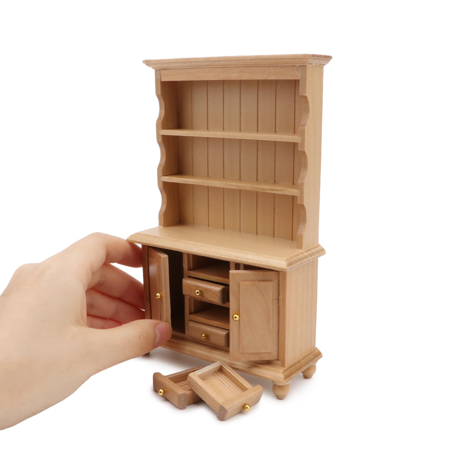 Cutemini Miniature Wooden Cupboard Bookshelf for 1:12 Scale Dollhouse - Handcrafted with Opening Drawers and Doors