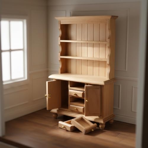 Cutemini Miniature Wooden Cupboard Bookshelf for 1:12 Scale Dollhouse - Handcrafted with Opening Drawers and Doors
