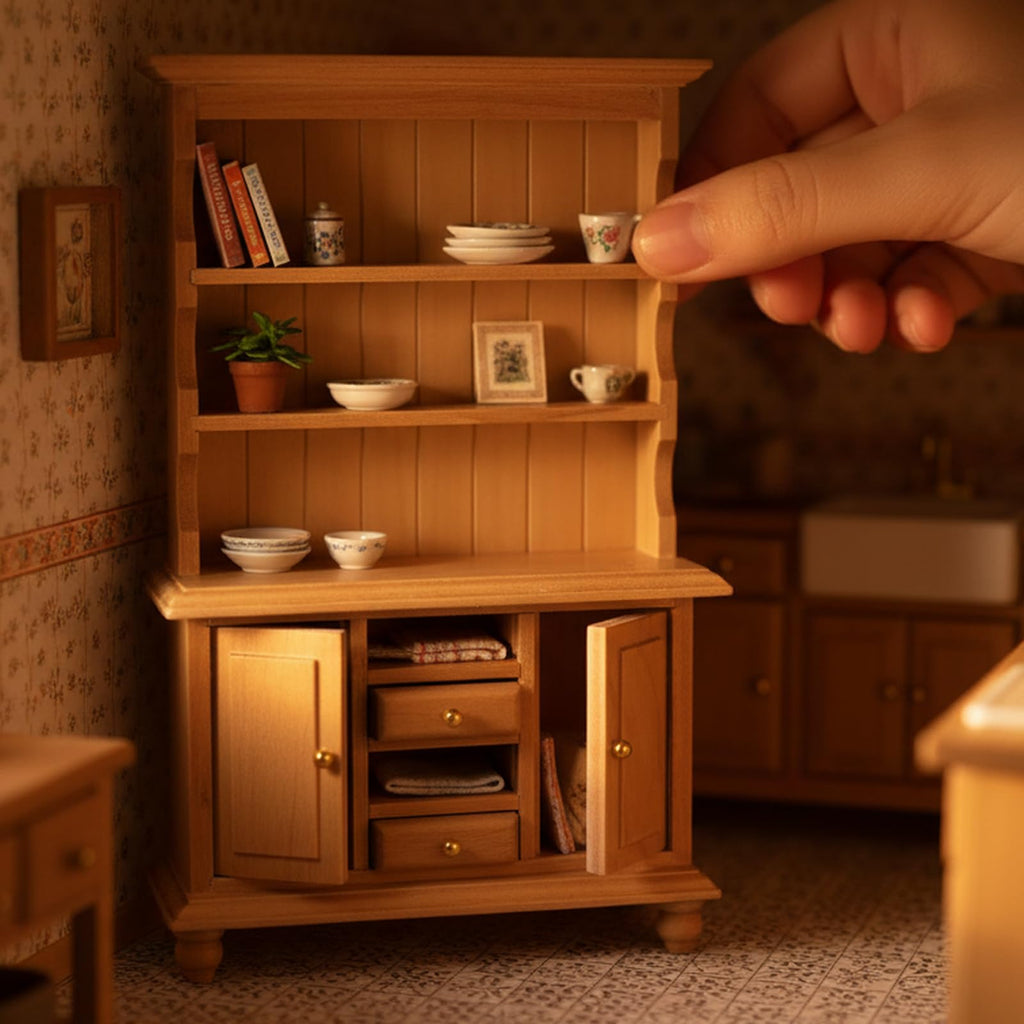 Cutemini Miniature Wooden Cupboard Bookshelf for 1:12 Scale Dollhouse - Handcrafted with Opening Drawers and Doors