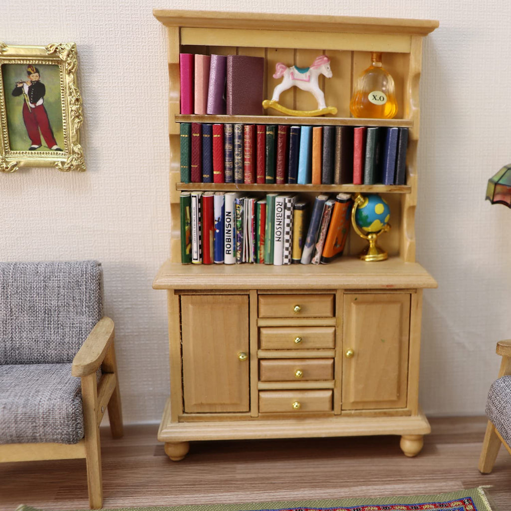 Cutemini Miniature Wooden Cupboard Bookshelf for 1:12 Scale Dollhouse - Handcrafted with Opening Drawers and Doors