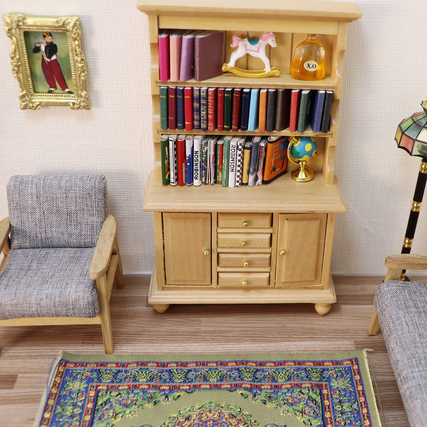 Cutemini Miniature Wooden Cupboard Bookshelf for 1:12 Scale Dollhouse - Handcrafted with Opening Drawers and Doors