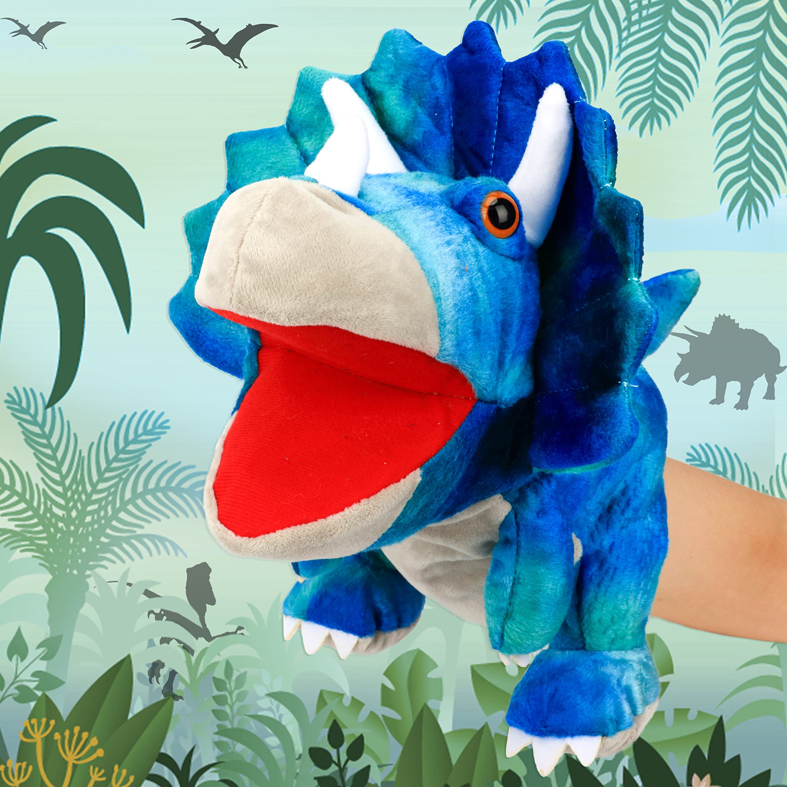 Cuteoy Plush Triceratops Hand Puppet – Soft Dinosaur Toy with Movable Mouth for Kids' Storytelling and Role Play