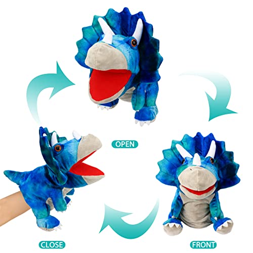 Cuteoy Plush Triceratops Hand Puppet – Soft Dinosaur Toy with Movable Mouth for Kids' Storytelling and Role Play
