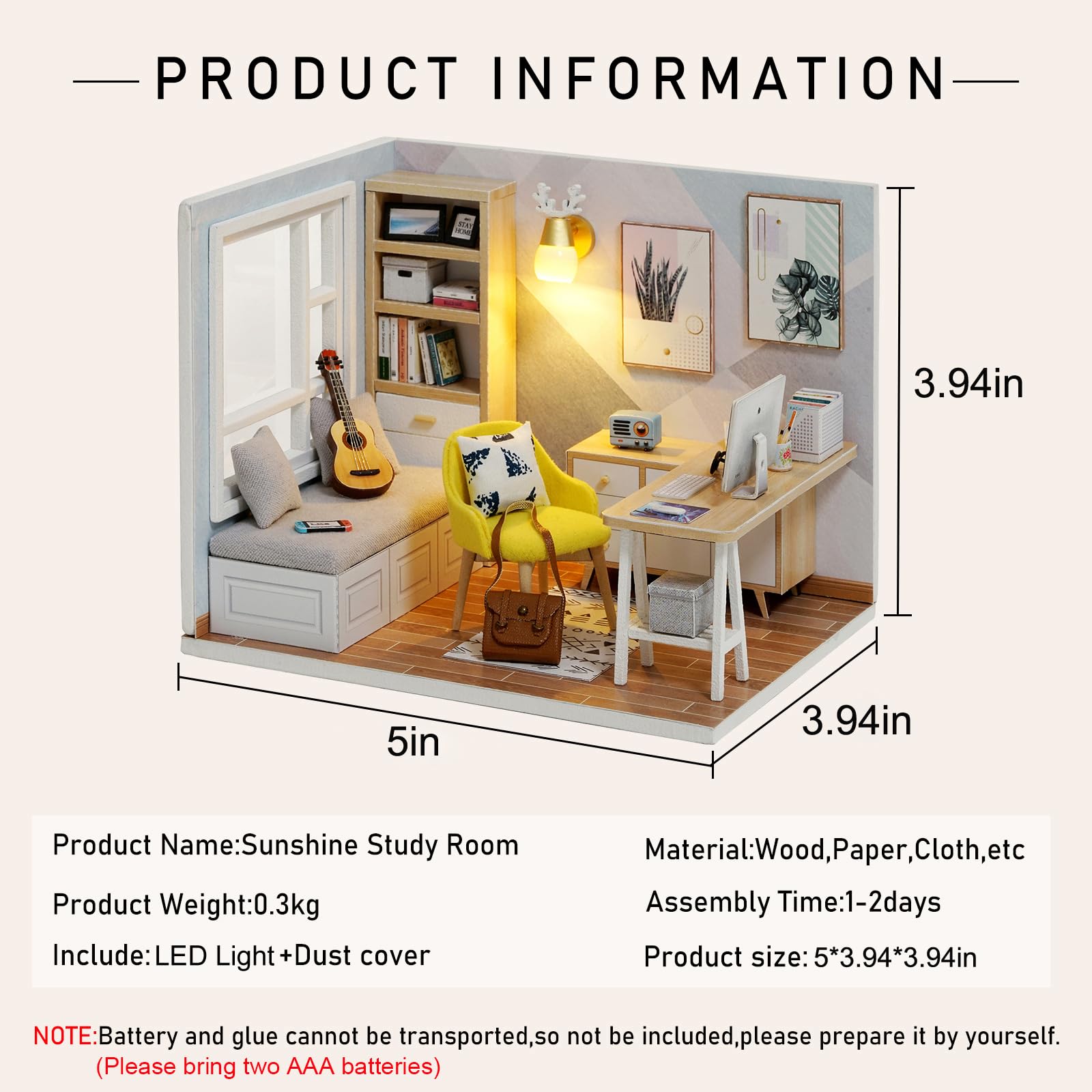CUTEROOM QT Series DIY Miniature Wooden Dollhouse Kit - 12.7 cm with LED Light and Dust Cover