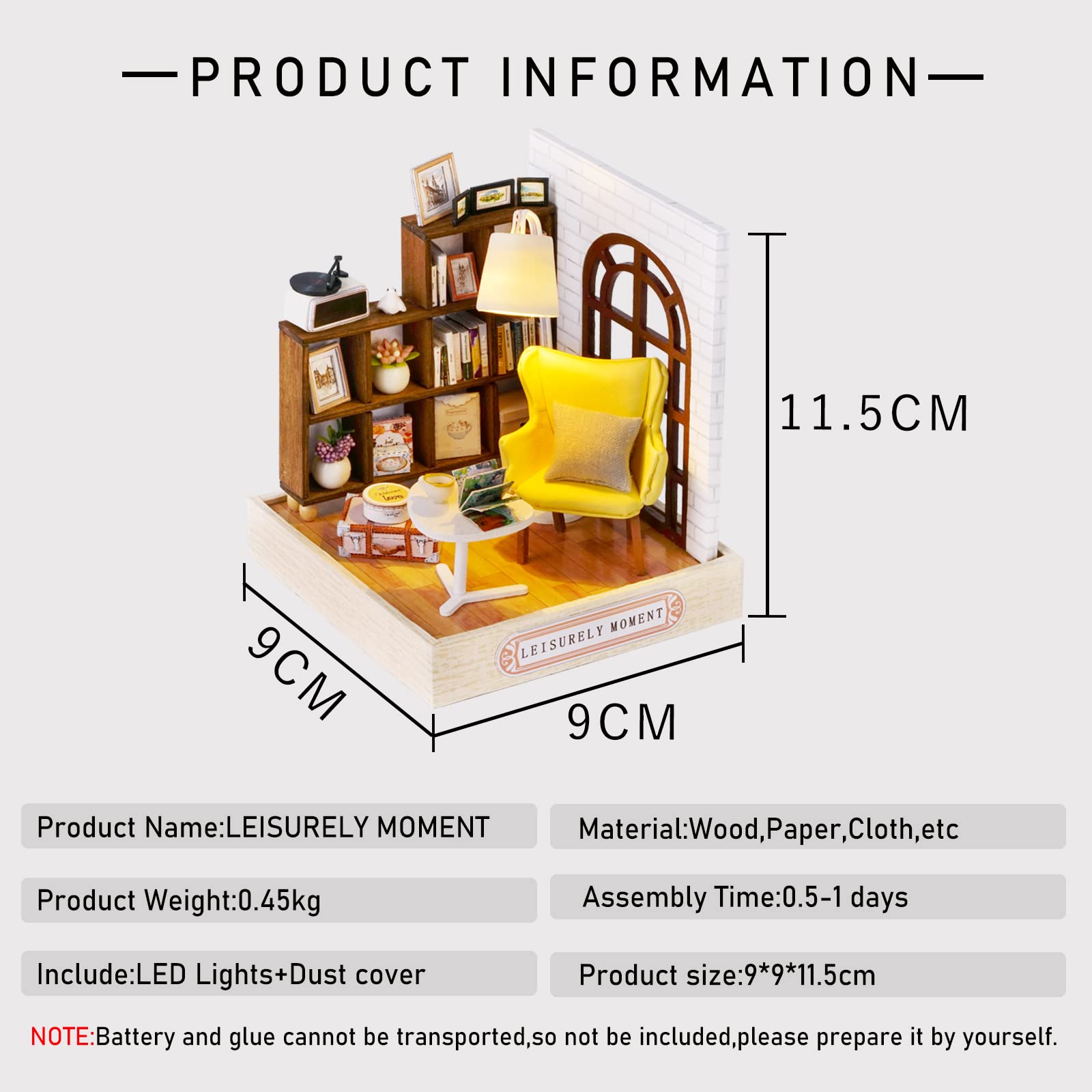 CUTEROOM QT037 Dollhouse Miniature Kit with LED Light & Dust Cover - 9x9x11.5 cm Wooden DIY Craft