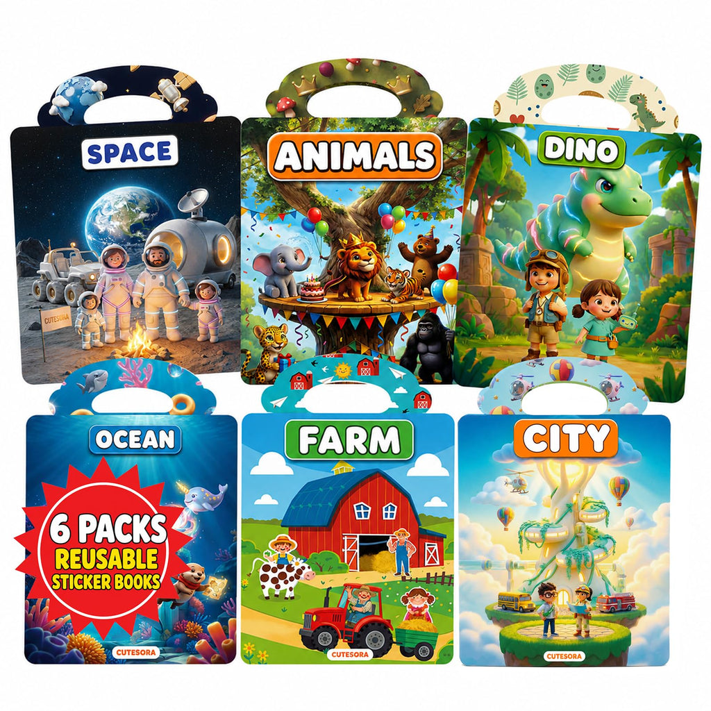 Cutesora 6-Pack Reusable Jelly Sticker Books: Farm, Dino, Space, Ocean, City & Forest — Travel Activity Gift for Toddlers 1-6