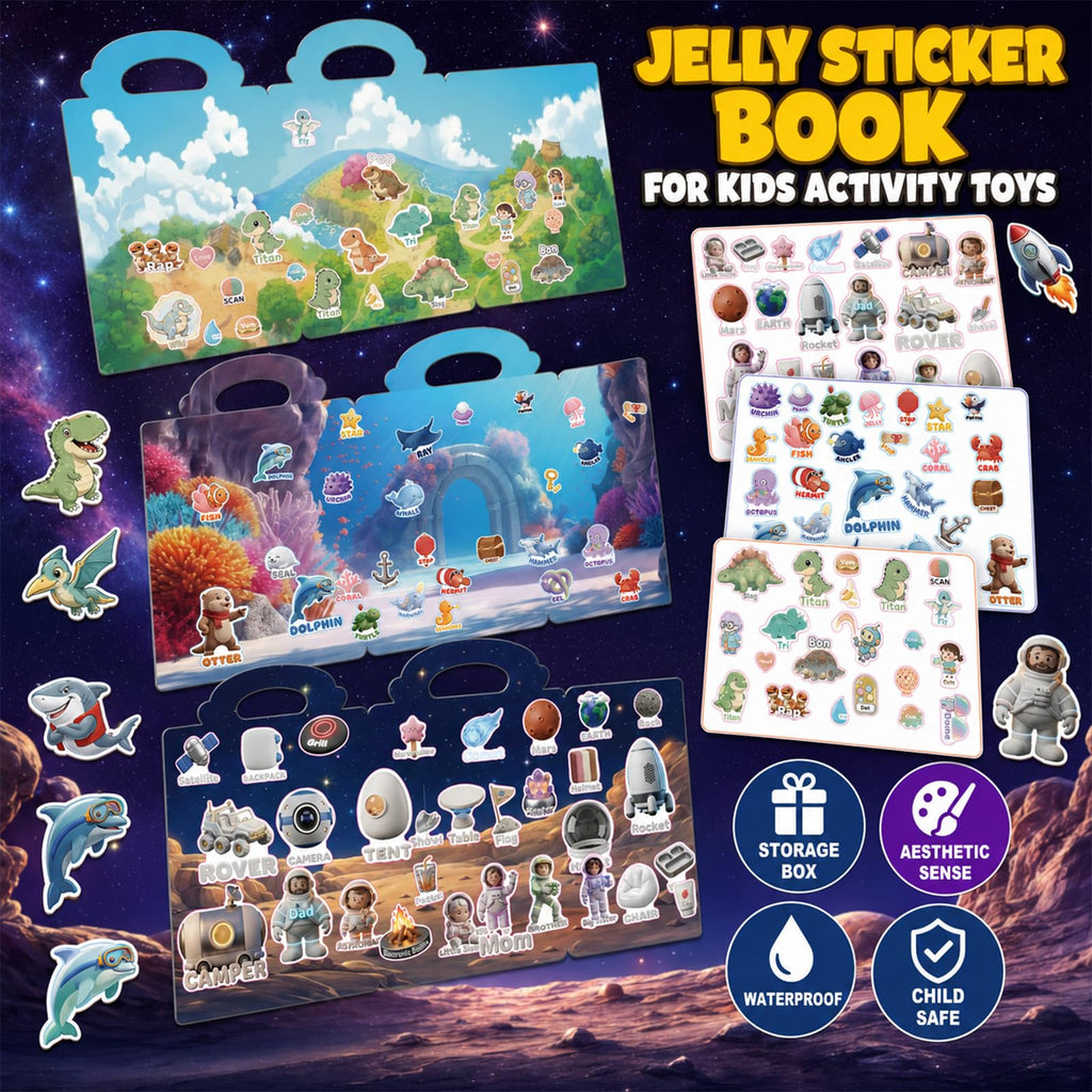 Cutesora 6-Pack Reusable Jelly Sticker Books: Farm, Dino, Space, Ocean, City & Forest — Travel Activity Gift for Toddlers 1-6