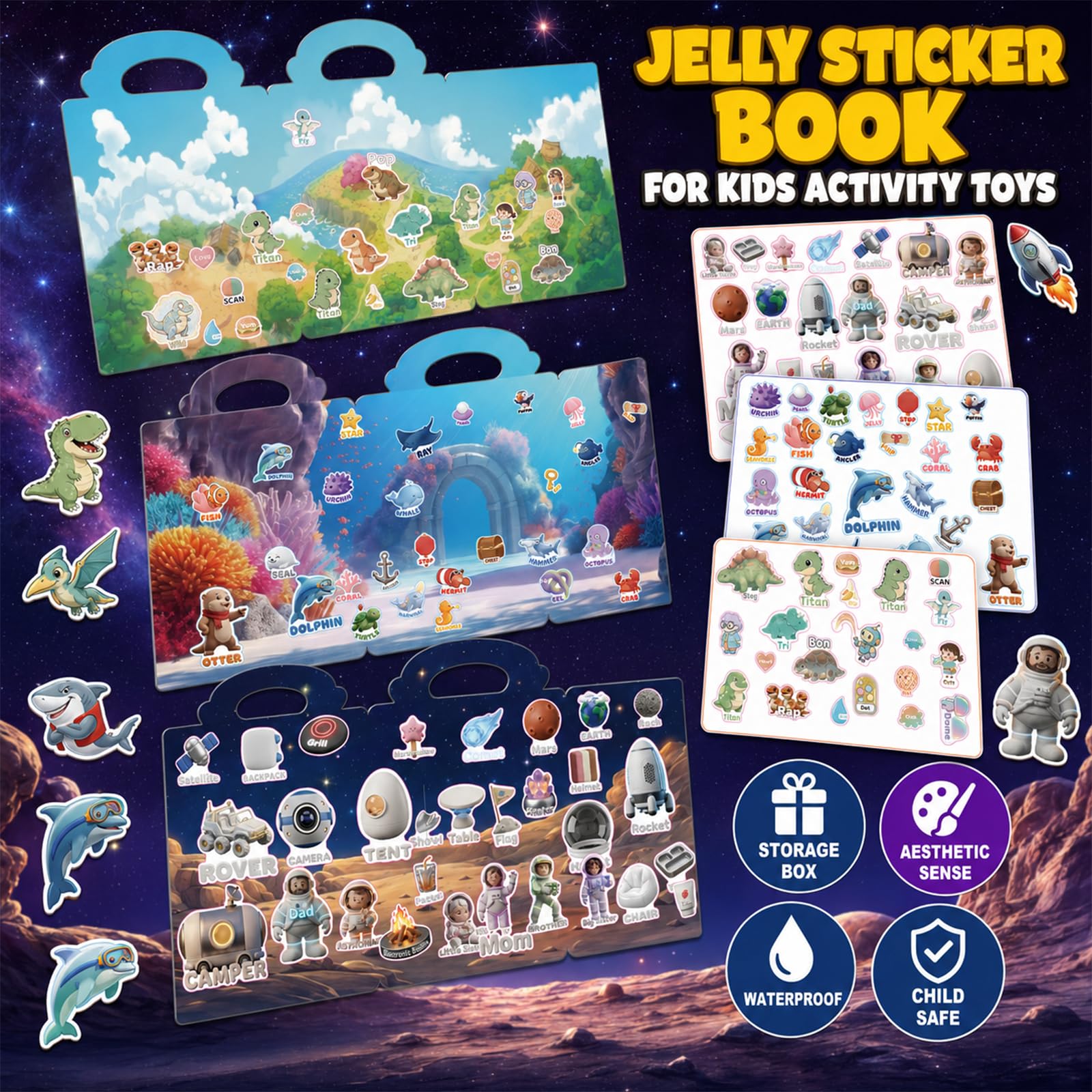 Cutesora 6-Pack Reusable Jelly Sticker Books: Farm, Dino, Space, Ocean, City & Forest — Travel Activity Gift for Toddlers 1-6