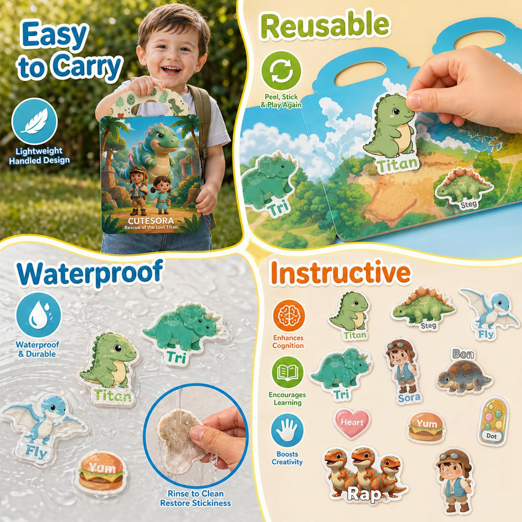 Cutesora 6-Pack Reusable Jelly Sticker Books: Farm, Dino, Space, Ocean, City & Forest — Travel Activity Gift for Toddlers 1-6