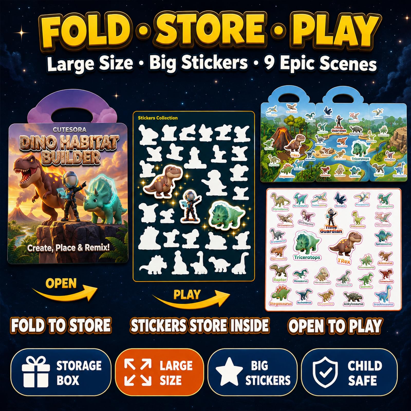 Cutesora Large Reusable Jelly Sticker Books for Boys Ages 3-8 – 3 Sets: Dino, Ocean & Vehicle