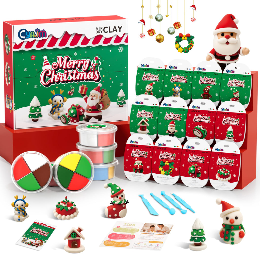 CyaJm Air Dry Clay Christmas Kit – 12 Non-Toxic Festive Clay Packs with Tools & Guide for Kids Ages 3+