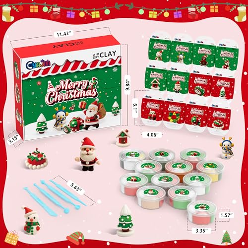 CyaJm Air Dry Clay Christmas Kit – 12 Non-Toxic Festive Clay Packs with Tools & Guide for Kids Ages 3+