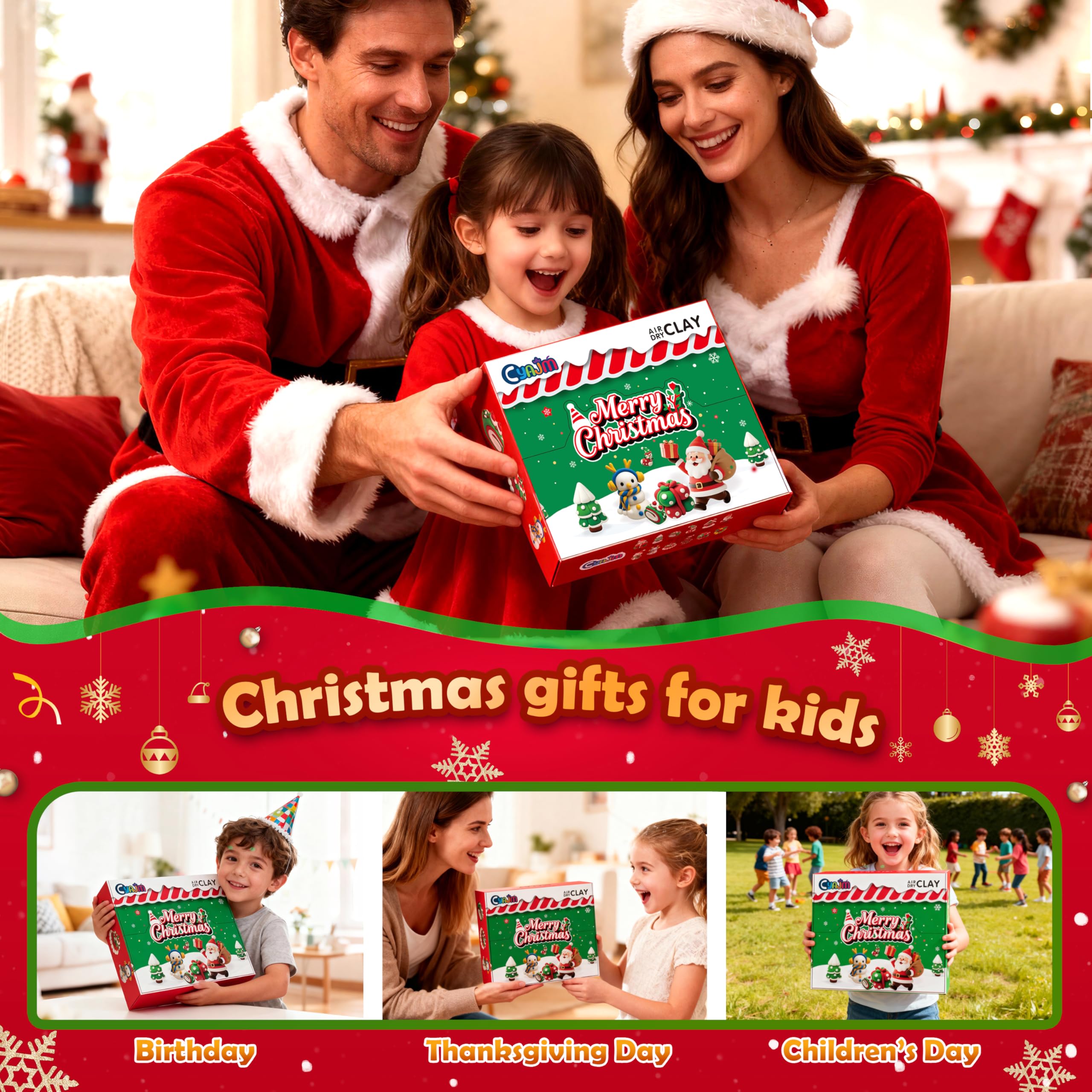 CyaJm Air Dry Clay Christmas Kit – 12 Non-Toxic Festive Clay Packs with Tools & Guide for Kids Ages 3+