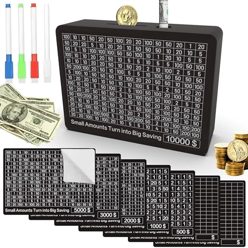 CYANLUX Wooden Piggy Bank with Savings Challenge Tracker - Money Box with Goal Stickers for Adults and Kids, Black